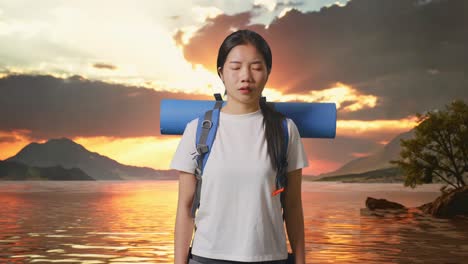 woman hiker at sunset lake