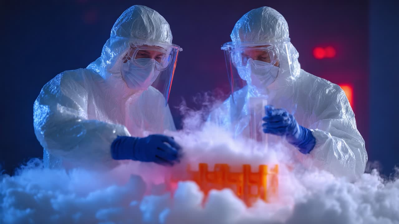 Scientist Team Conducting Research in a Controlled Laboratory Environment, Utilizing Protective Gear and Laboratory Equipment Surrounded by Fog and Colorful Lighting Effects