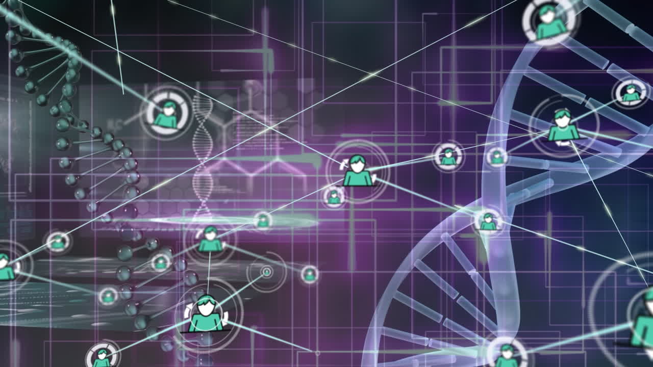 Animation of network of connections with icons over dna strands on black background