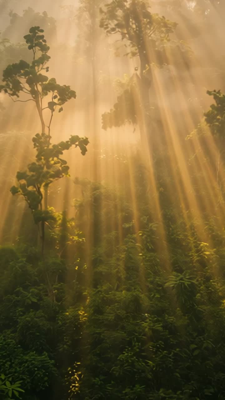 Vídeo vertical: nascer do sol emitindo raios dourados que atravessam a névoa na floresta, com árvores e cipós finos