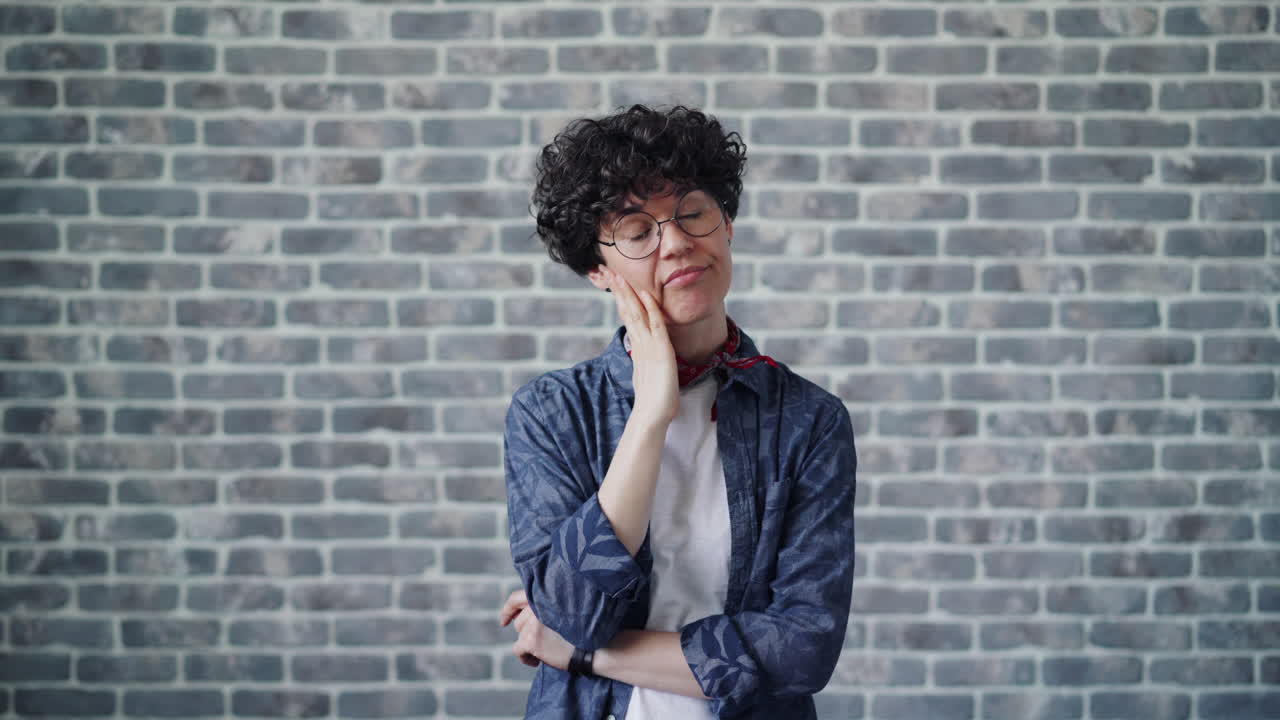 Woman with Curly Hair in Various Expressions