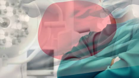 수술실 에서 외과의사 위 에 흔들리는 일본 국기 의 애니메이션