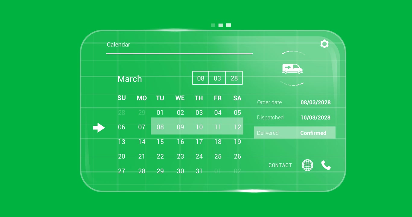 Animation of tablet with order delivery date calendar on screen, transparent background