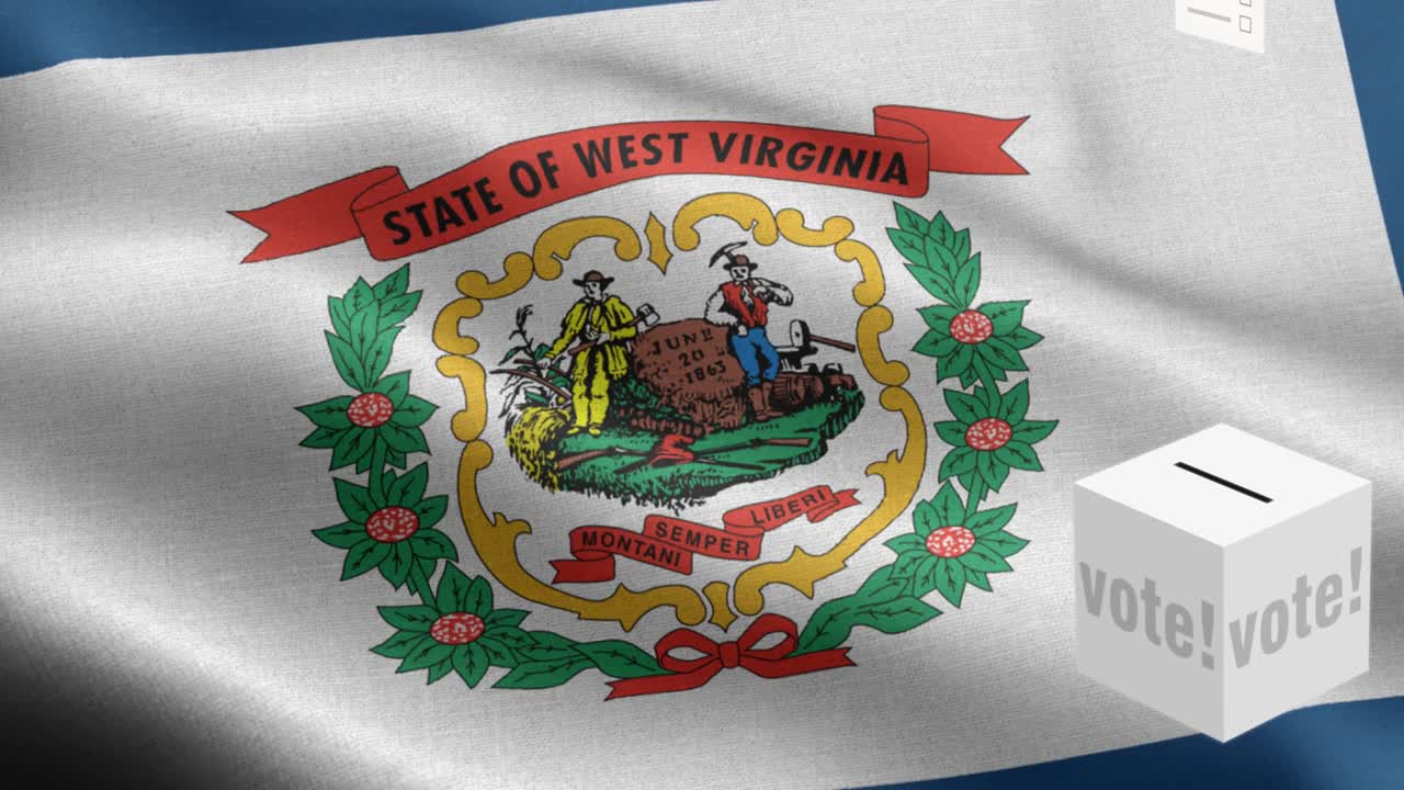 웨스트 버지니아 주 - 투표용지가 웨스트버지니아 선택을 위해 상자에 날아갑니다 - 발 앞에 있는 투표용지 - 선거 - 투표 - 국가 발 웨스트베르지니아 주 파동 패턴 루프 가능한 요소 - 직물 질감과 끝없는 루프 - 웨스트베어지니아 주 루프 가능한