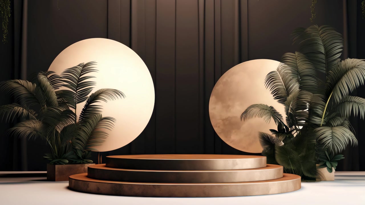 Luksuriøst bronze podium med roterende cirkler og tropiske planter