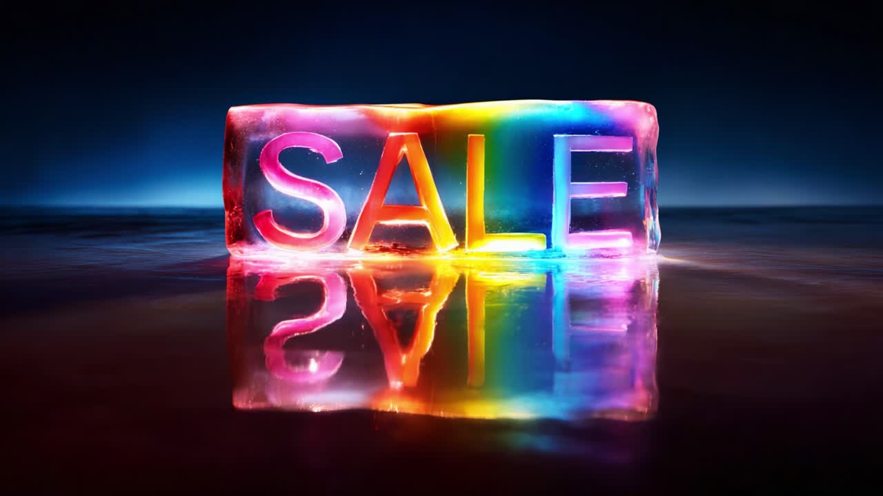 Eye-catching Ice Sculpture with Colorful Lights Displaying the Word 'SALE' Reflects Vibrantly on a Smooth Surface, Perfect for Promotional Events and Marketing Campaigns