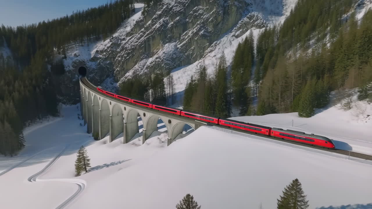 A red train traverses a snowy mountain viaduct