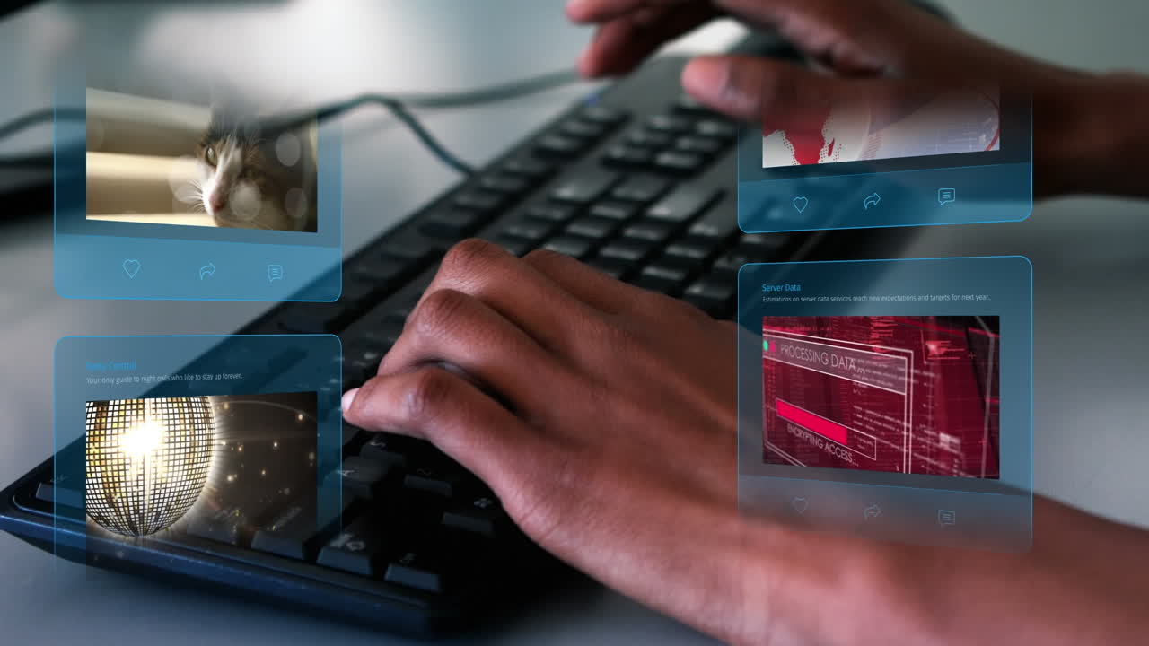 animación de publicaciones en las redes sociales sobre las manos escribiendo la palabra clave.