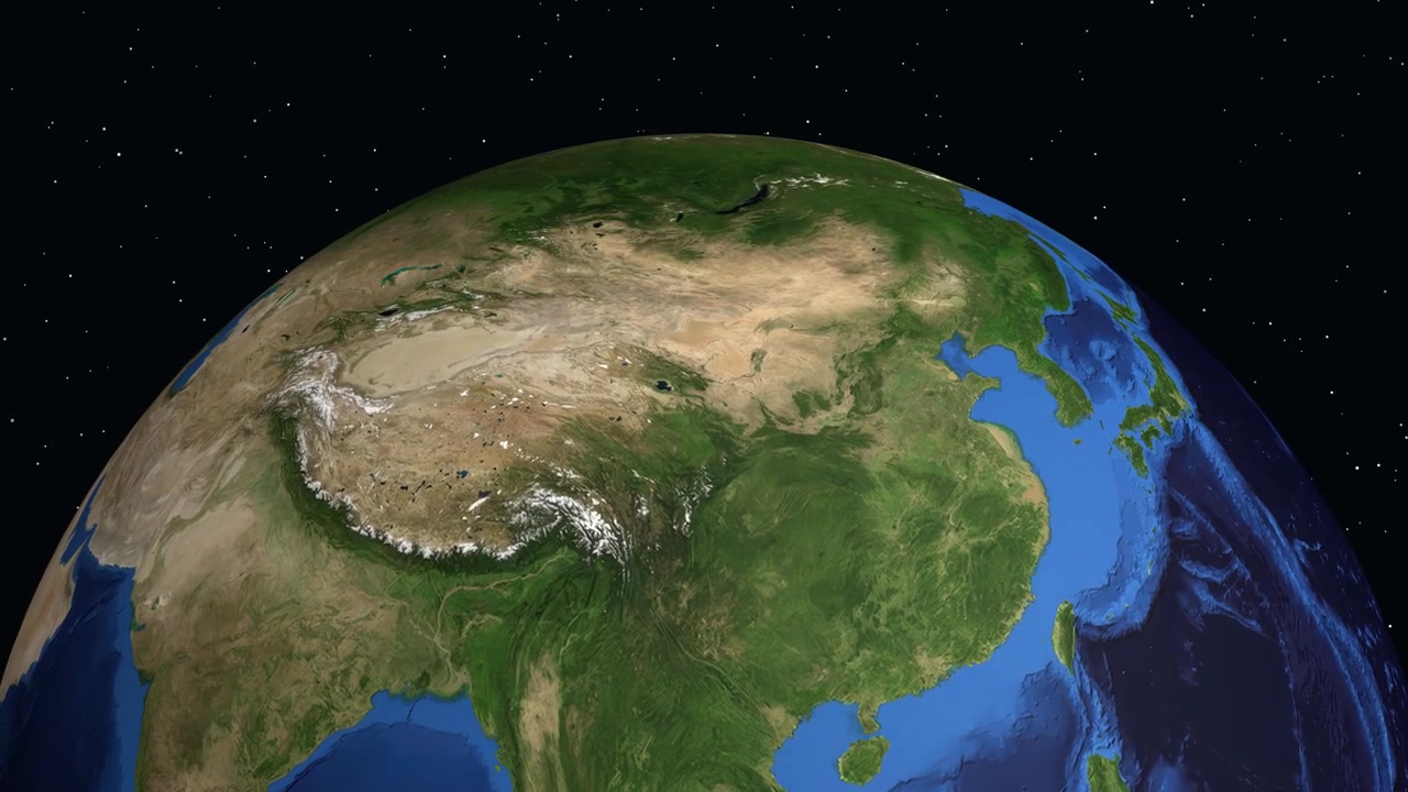 Perspektif satelit memperbesar dari luar angkasa ke Bumi, menunjukkan Xining, Tiongkok dengan teks.