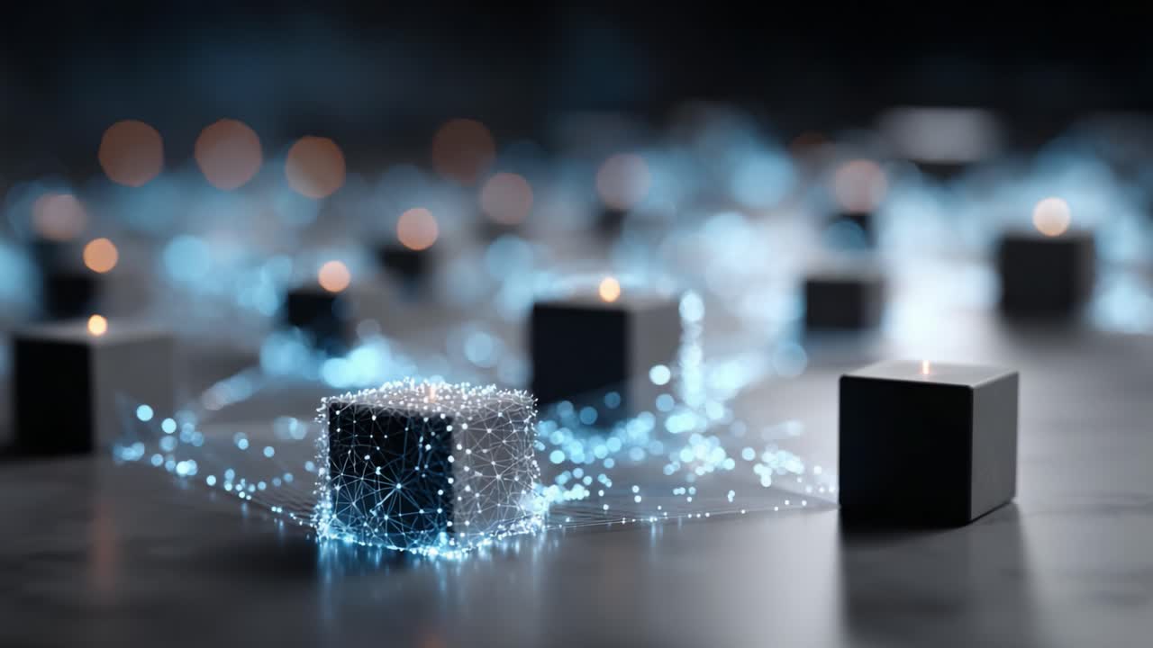 A mesmerizing visual of interconnected digital cubes emanating ethereal light trails, symbolizing the fusion of technology and creativity in a vast dark space