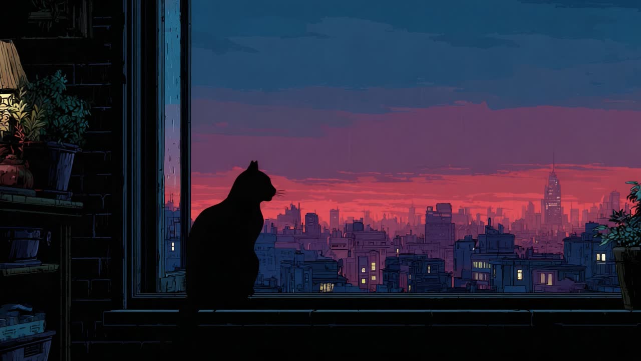 A Serene Cat Gaze: A Silhouette in a Rainy Window Overlooking a Vibrant City Skyline at Dusk, Capturing a Moment of Tranquility amidst Urban Life
