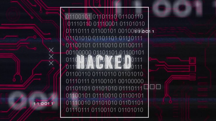 Animation of hacked text with binary codes and circuit board pattern over black background