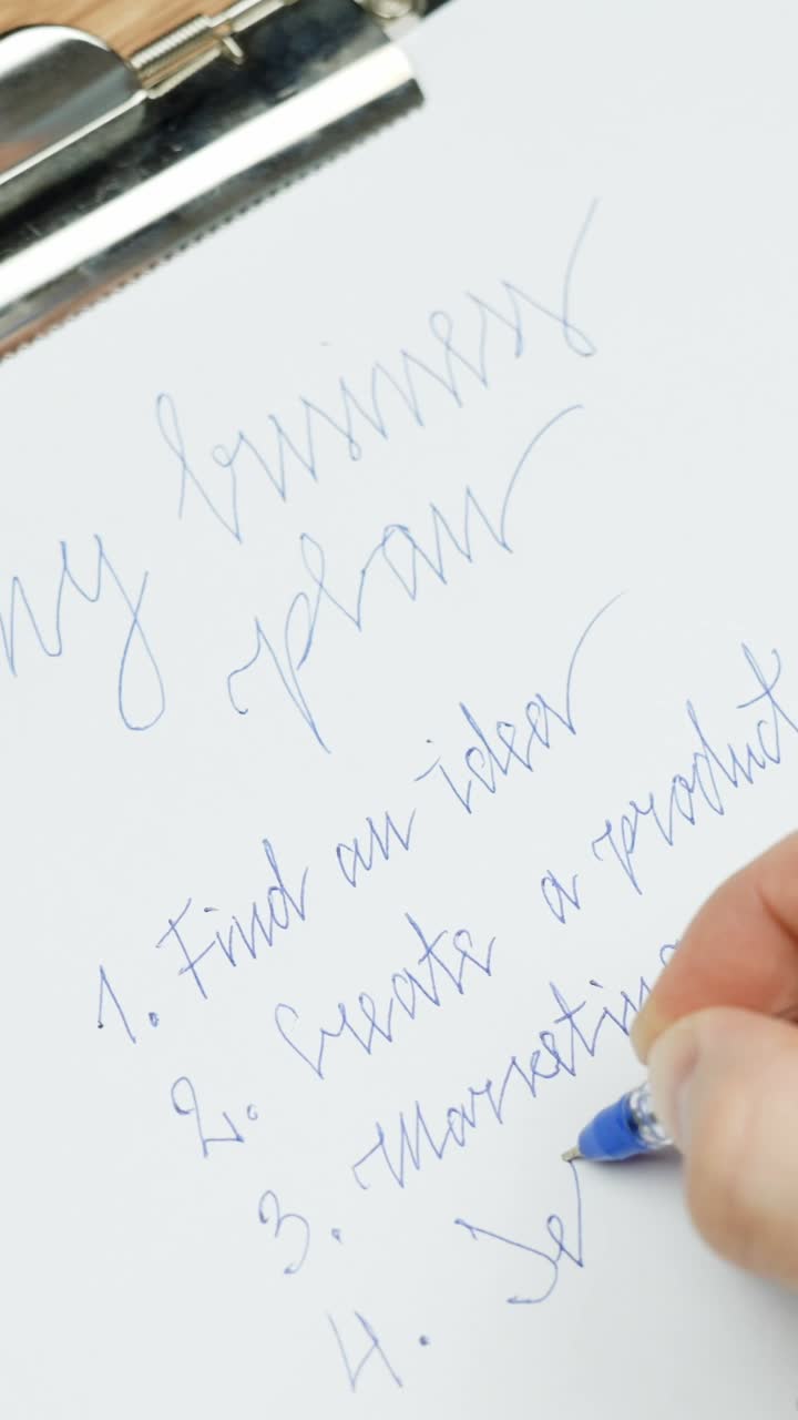 Vertical view of a handwritten business plan on a clipboard. A hand holds a pen mid-sentence, writing in blue ink on white paper, showing structured planning steps in cursive calligraphy style.
