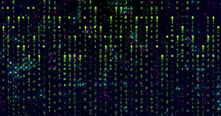 Binary digits materializing then cascading into neon rain streams representing digital data flow