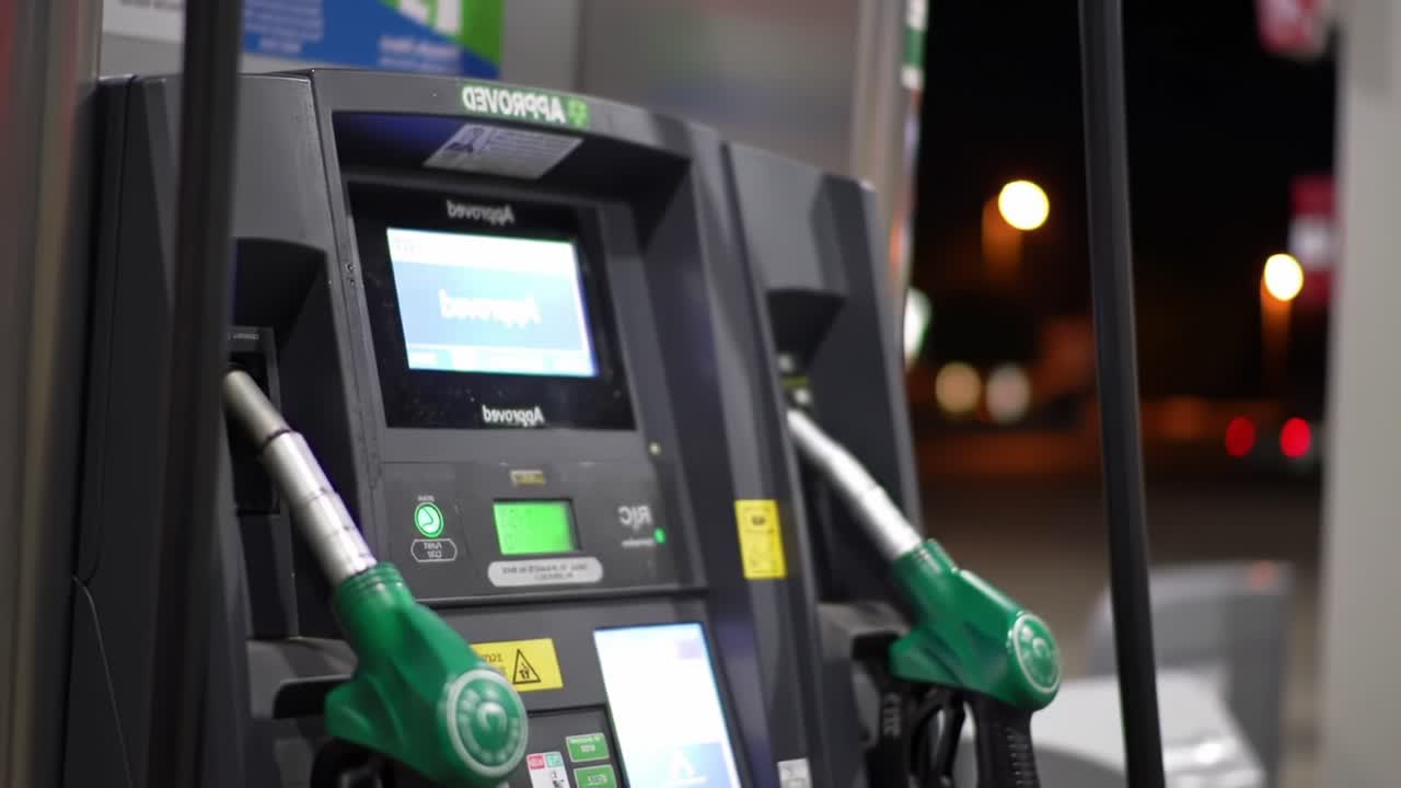 Detailed View of a Modern Fuel Pump Featuring Digital Display and Fuel Nozzles at Night, Highlighting Technology in Gasoline Dispensing