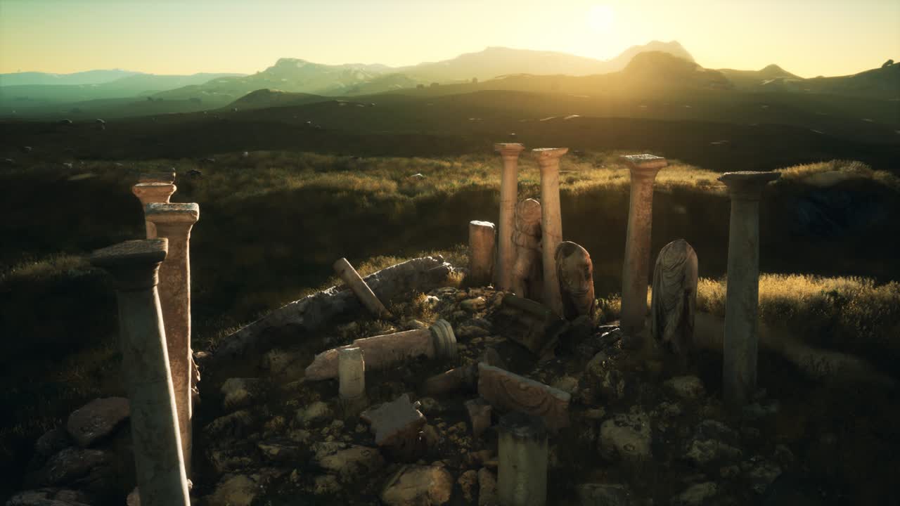 일몰 에 있는 고대 그리스 사원 폐허