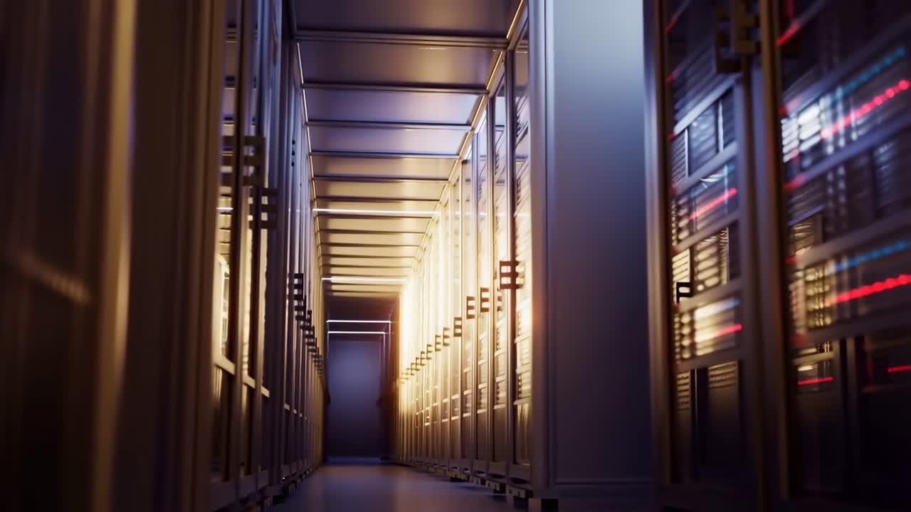 An empty, glowing server room with rows of racks