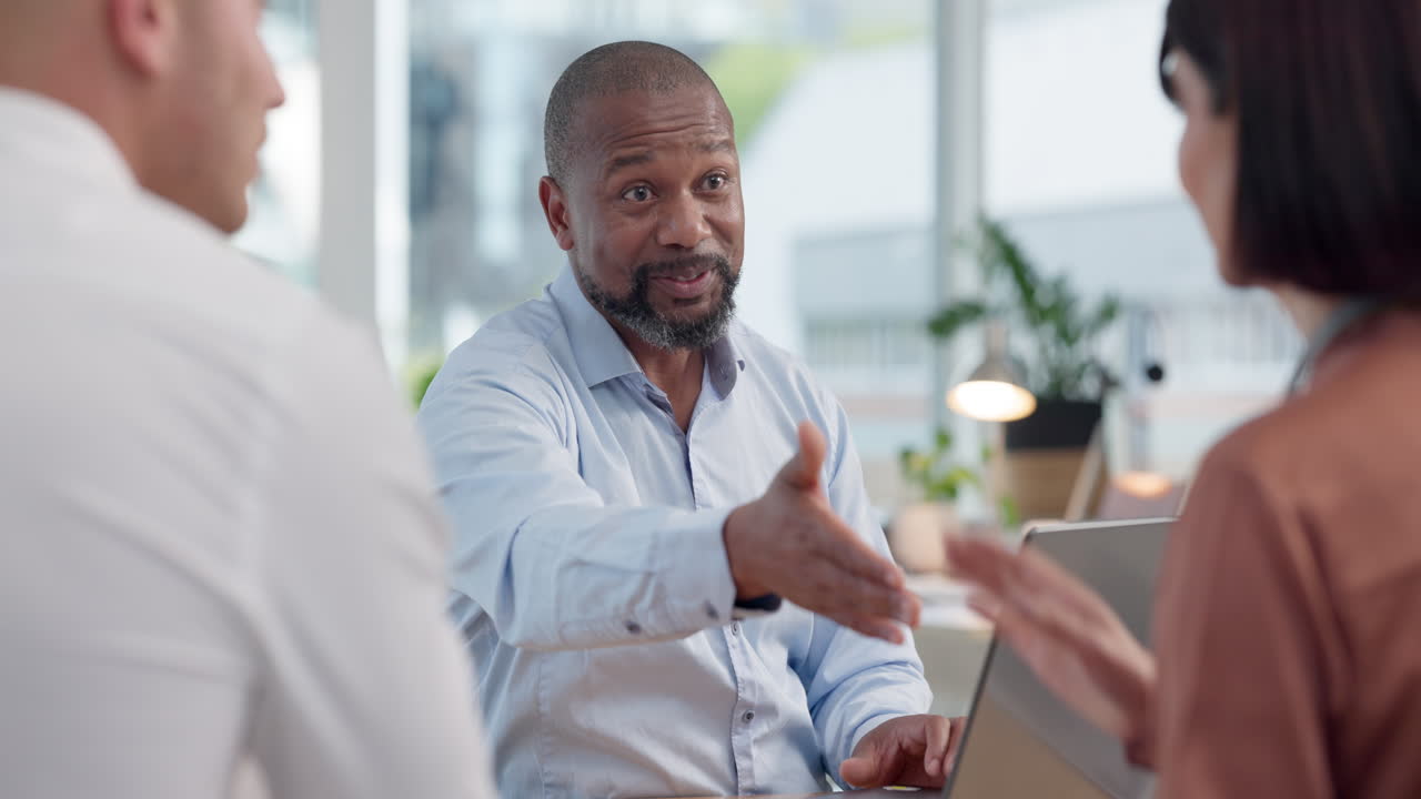 Financial advisor, couple and handshake