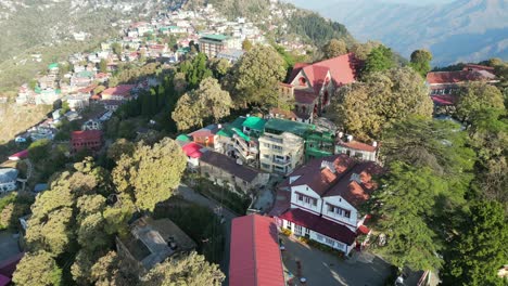 colorful buldings on hills in mussoorie bird eye view in india