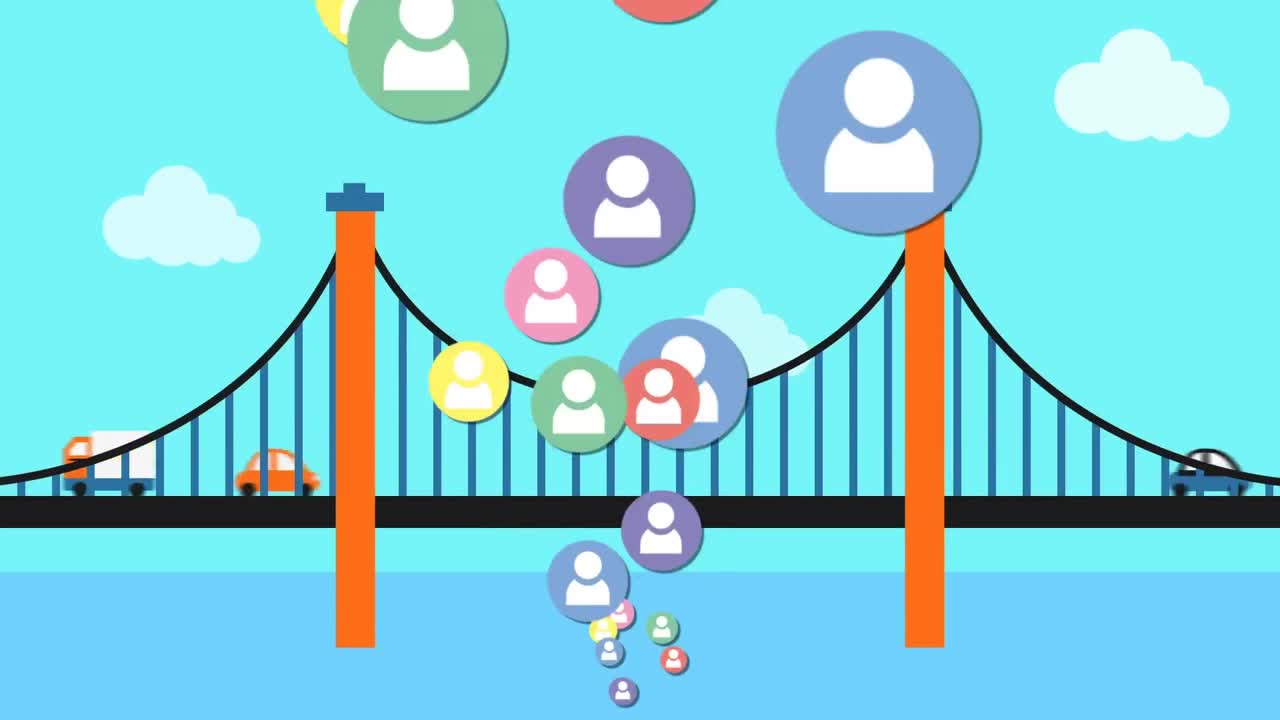 animación de iconos de personas coloridas que se elevan, sobre el puente de cruce de tráfico
