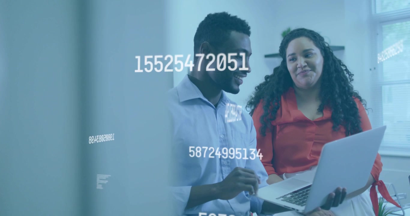 Colleagues reviewing business data on laptop, woman pointing trackpad and causing overlays shifting