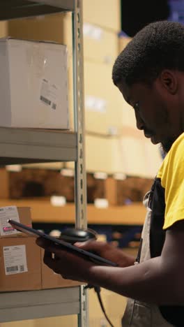 vertical video fulfillment center worker scanning shipping labels to register in inventory