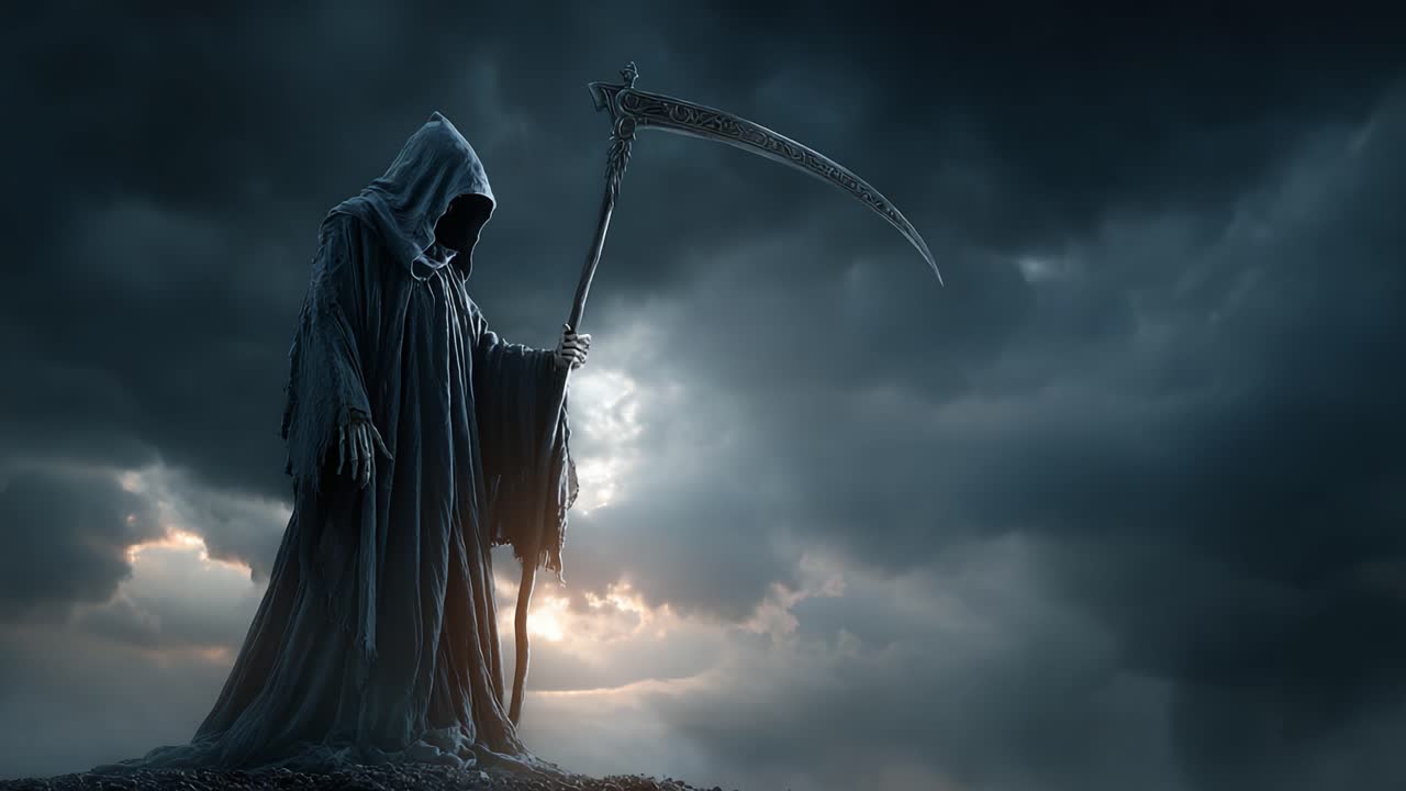 En mørk og illevarslende skikkelse, hyllet i skygger, står resolutt mot en bakgrunn av virvlende stormskyer, gripende en truende ljå, og vekker følelser av frykt og mystikk