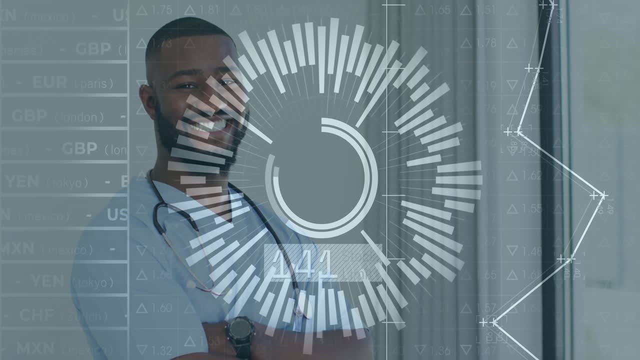 Male doctor wearing stethoscope interacting in clinic, showing circular chart and currency tickers
