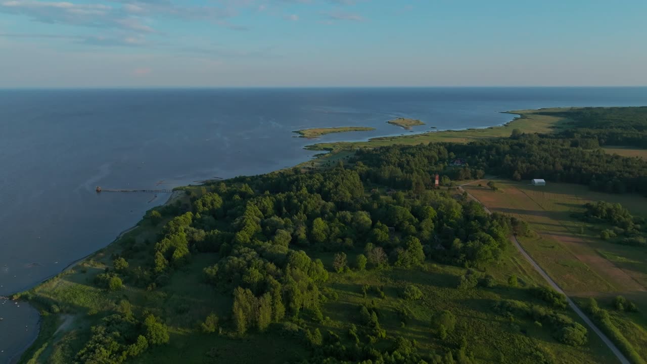 Flying high above a coastline revealing two islets and a peaceful sea