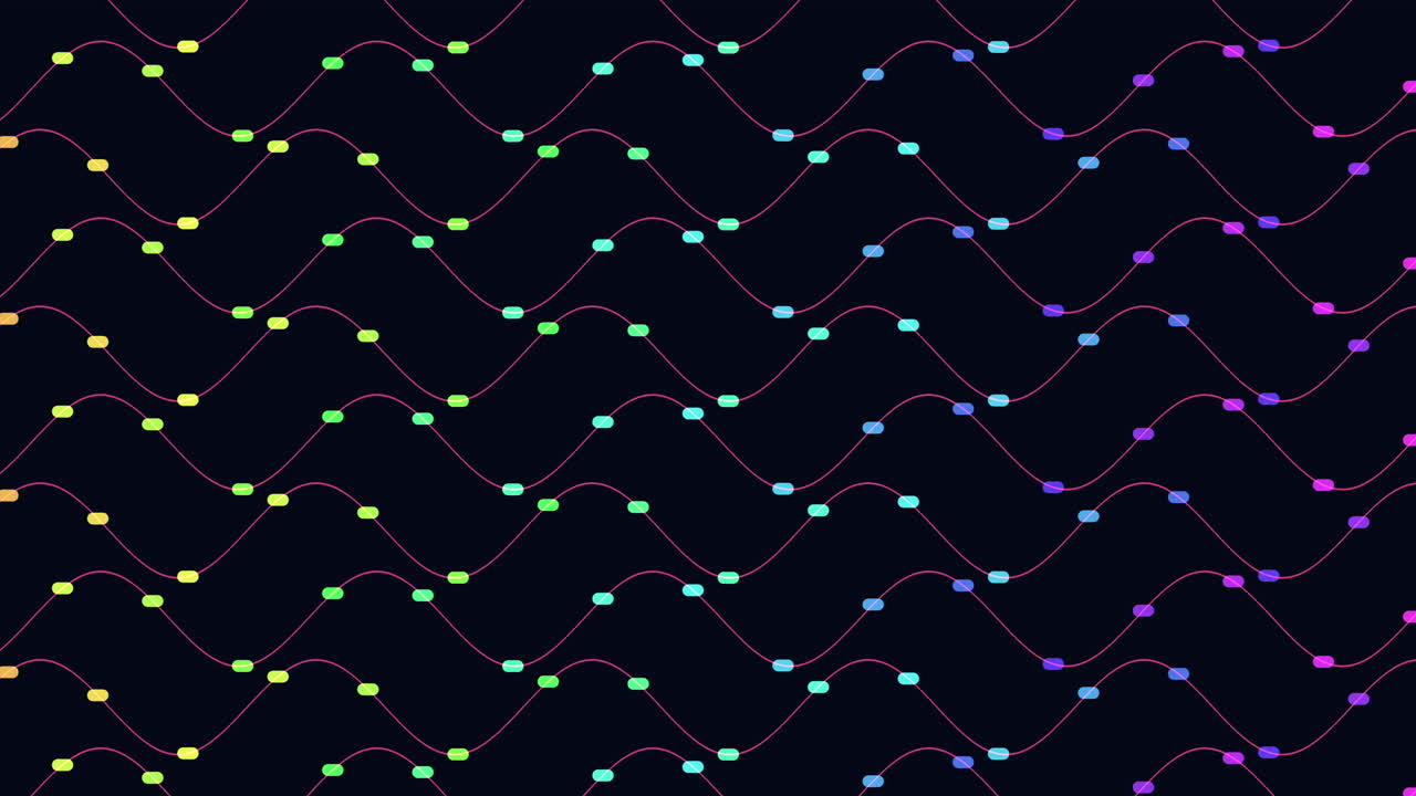 Abstract footage of repeating neon wave lines with glowing dots on a dark background, creating a seamless geometric pattern for technology, data, and modern design