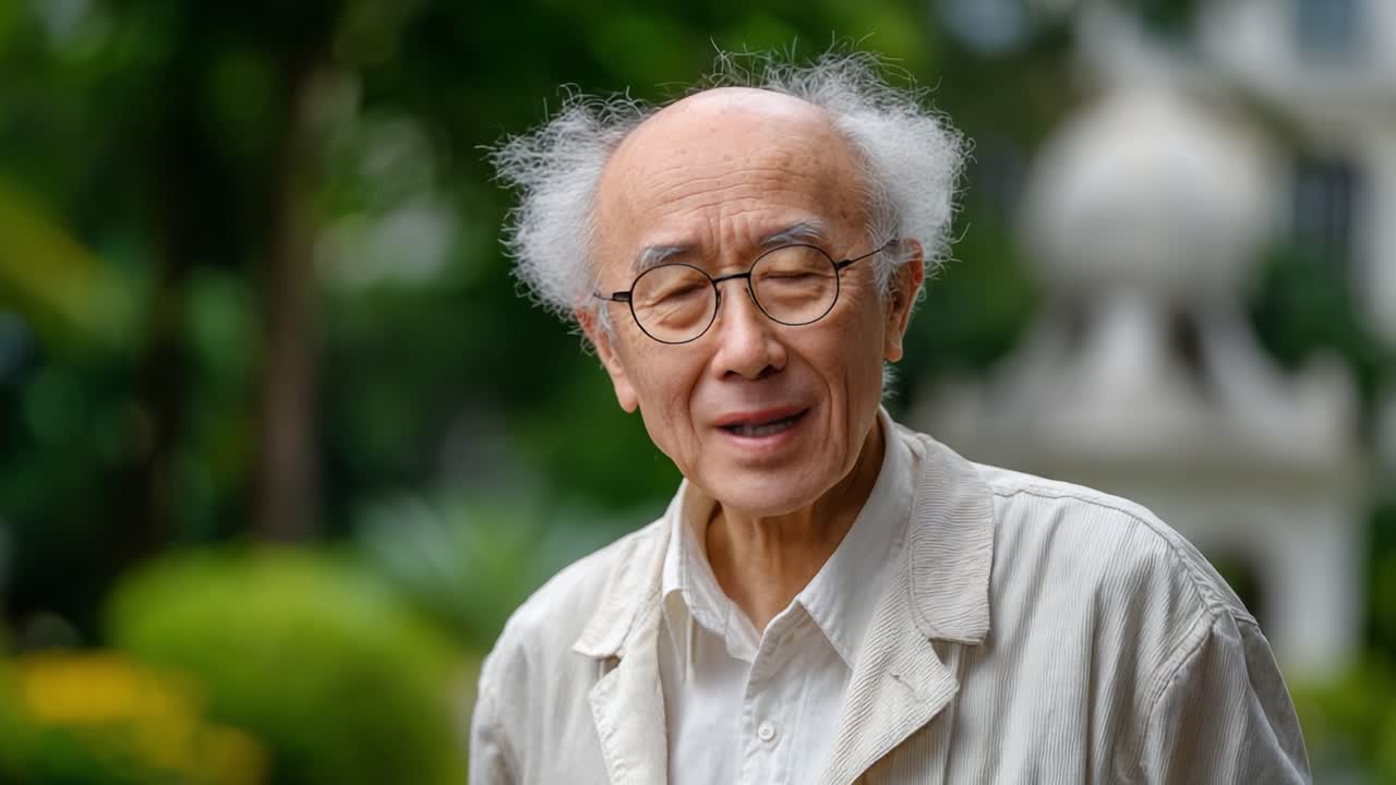 Profound Reflections: A Thoughtful Elder with Unique Hair and Warm Smile Captured in Vibrant Outdoor Setting, Embracing the Beauty of Nature and Life