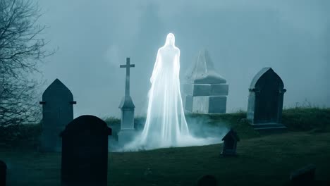 ghostly figure in white robe haunting foggy cemetery, phasing through tombstones at night with mist rolling in. spooky and eerie atmosphere perfect for halloween or supernatural themes