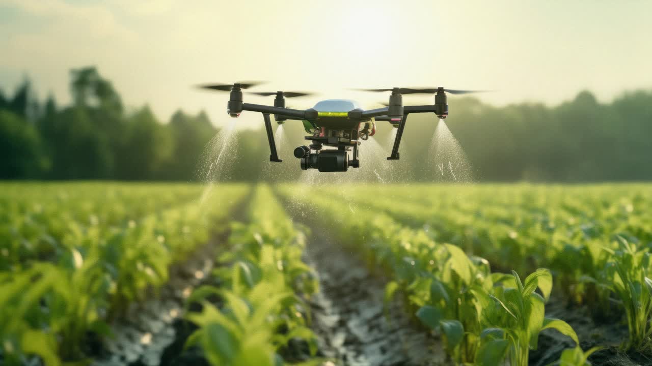 Low-angle video of a drone spraying crops in a lush field, capturing agricultural technology