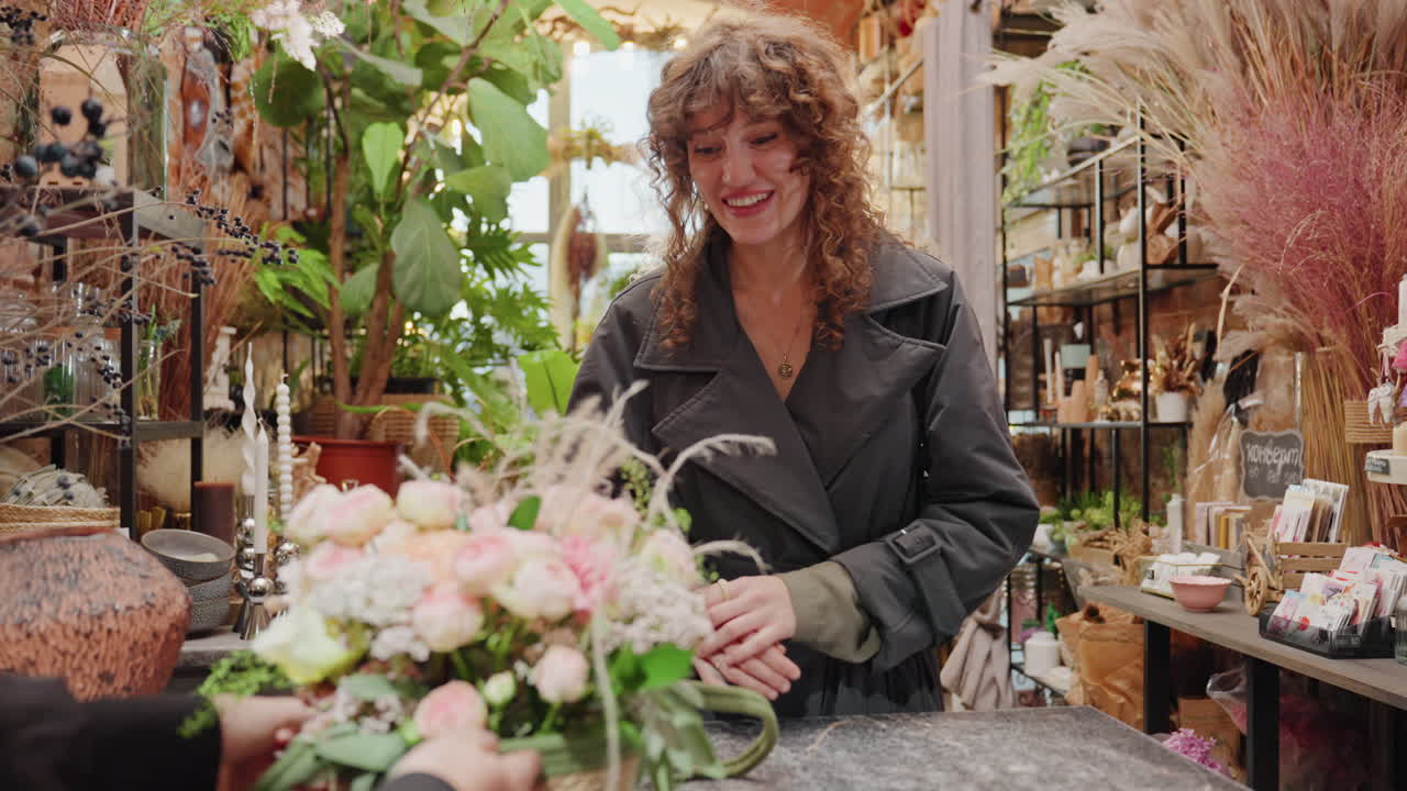Fiorista allestisce un bouquet romantico pastello, mani creano una composizione floreale legata con nastro, rose e verde. Spazio di lavoro in studio con vasi in ceramica, energia concentrata del designer e styling stagionale.