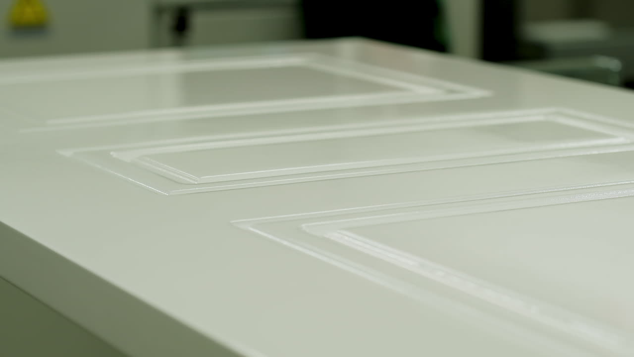 New white door in workshop. Production of doors. Wooden home door inside the manufacturing. Close-up.