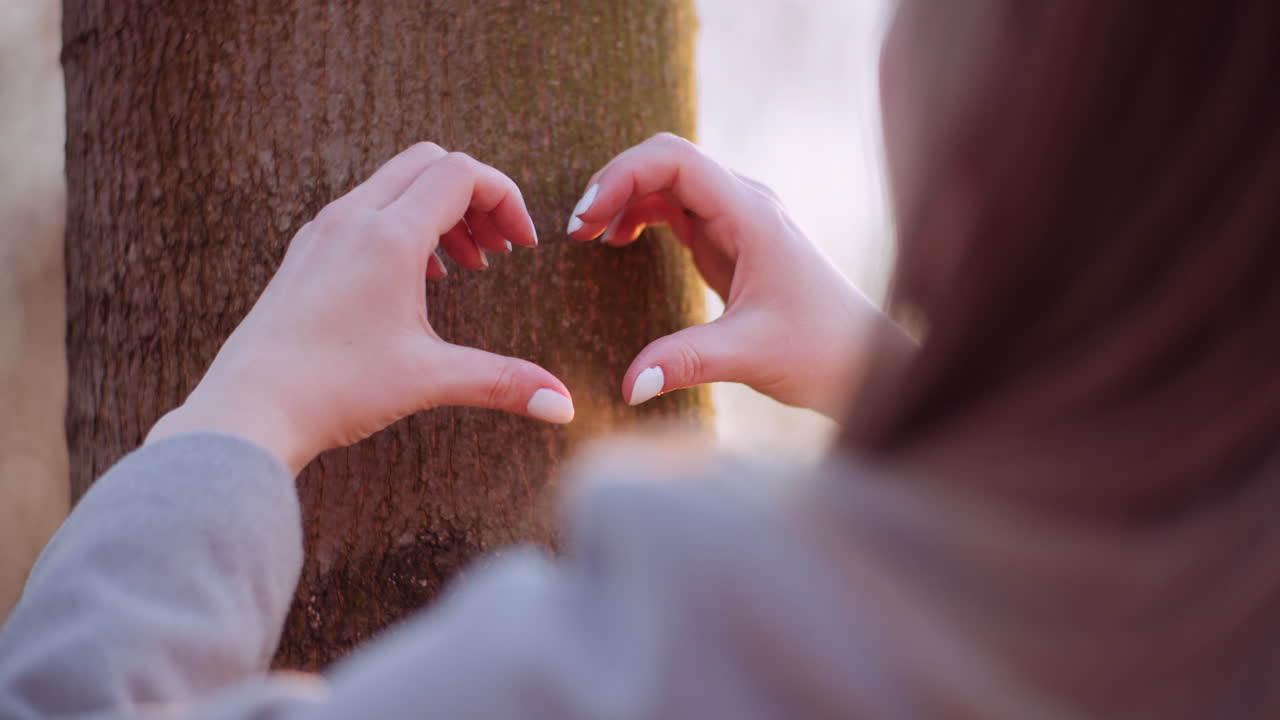 mujer hace forma de corazón con las manos en el bosque 2