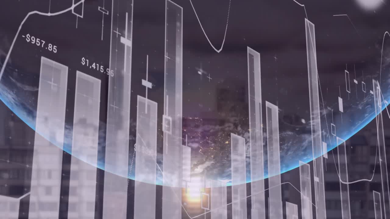 데이터 처리 및 도시 풍경 위의 지구의 애니메이션