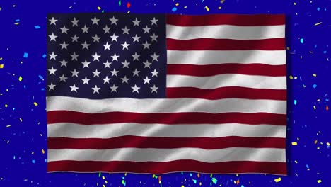 Digitale-Animation-Der-Schwenkenden-Amerikanischen-Flagge-Vor-Konfetti,-Die-Auf-Blauen-Hintergrund-Fällt