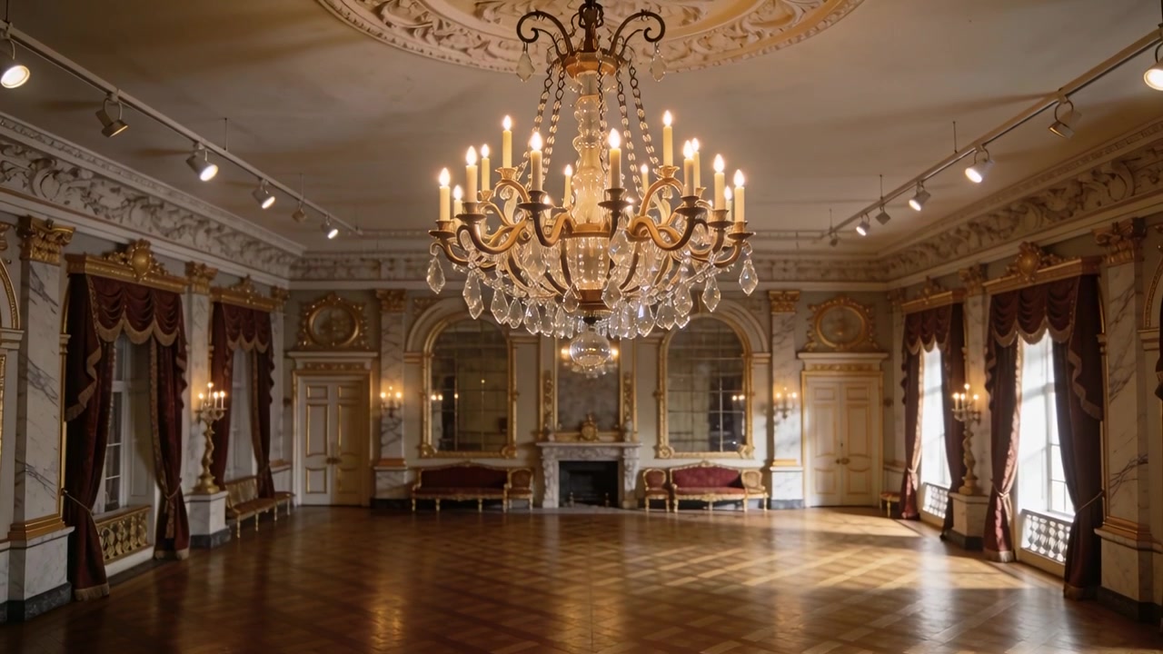 La telecamera si allontana rivelando un lampadario centrale di cristallo in una grande sala da ballo, con pavimento in parquet.