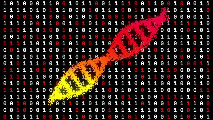 Animation of dna strand over data processing on black background