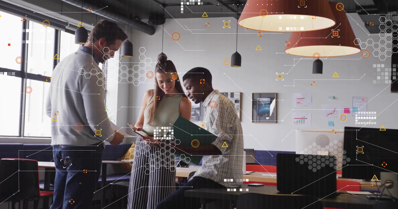 Diverse Business Team Collaborating with Digital Data Overlay in Modern Office