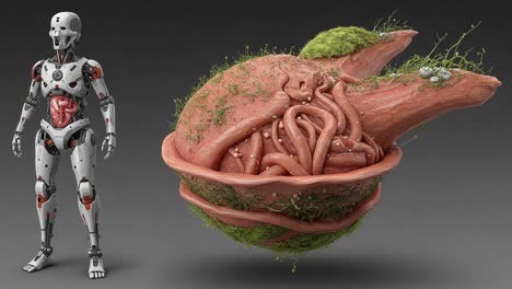 a futuristic robot stands beside an organic growth form, blending technology with nature in a striking visual contrast of synthetic and biological elements