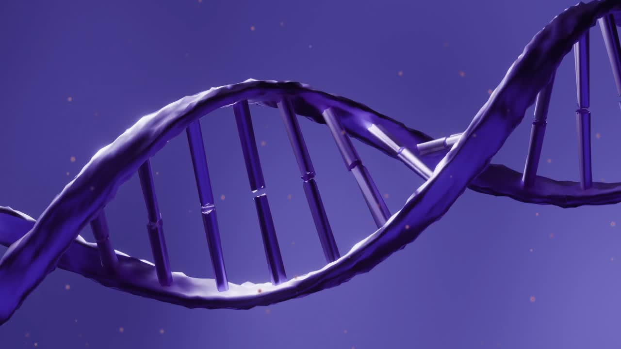 animación de la cadena de adn sobre puntos de luz en fondo púrpura