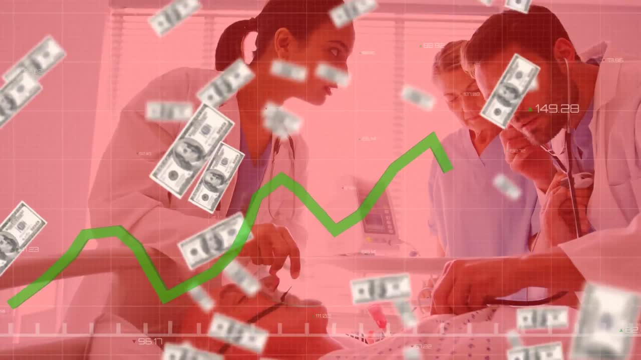 환자와 미국 달러 지폐를 검사하는 의사들에 대한 녹색 선 처리 애니메이션