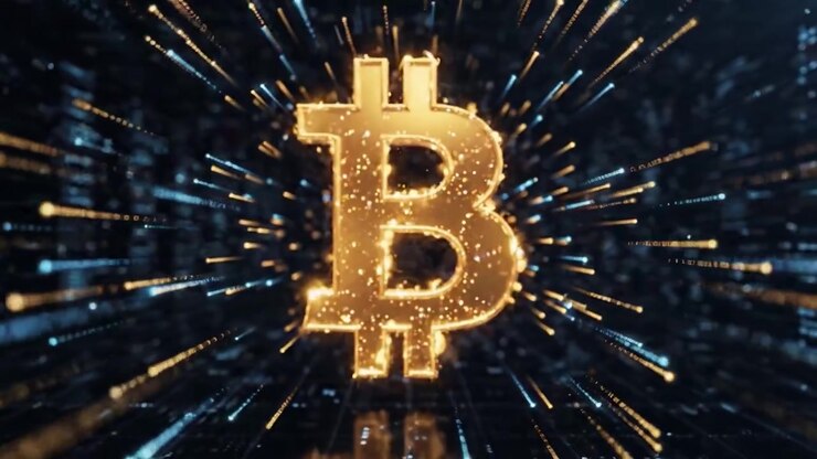Animazione Bitcoin accattivante: una trasformazione dinamica che mostra il simbolo dorato della criptovaluta, circondato da vivaci effetti digitali e scintille.