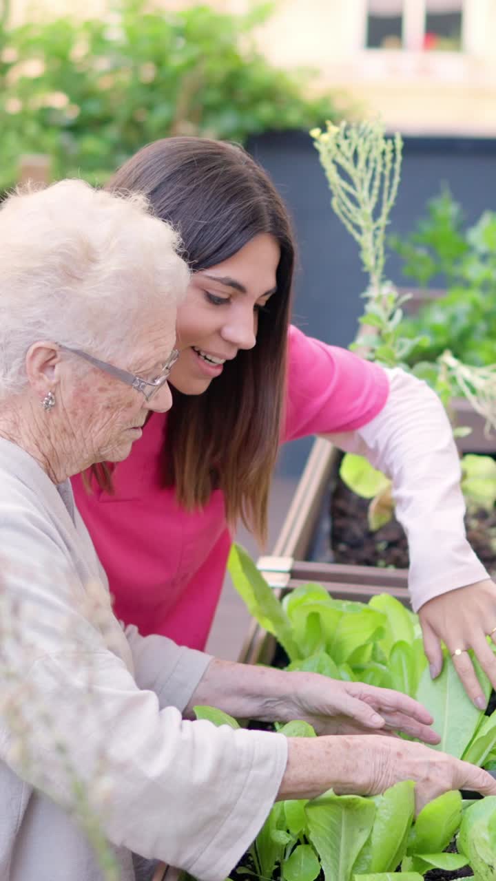 Elderly Woman Gardening with Young Woman
