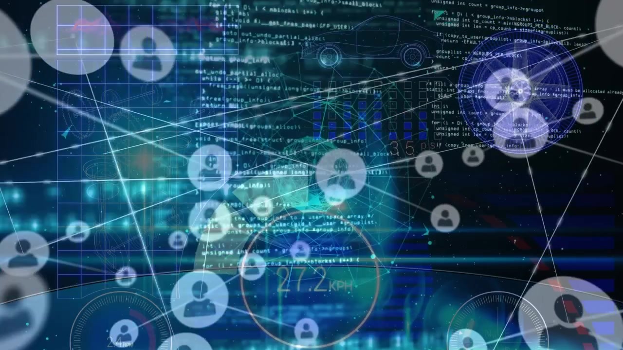 Animation of connected icons over computer language against 3d model of cars and speedometer