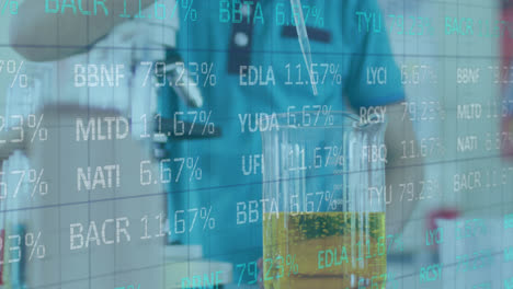 Animation-of-digital-interface-showing-statistics-with-scientist-pouring-liquid-wearing-face-masks