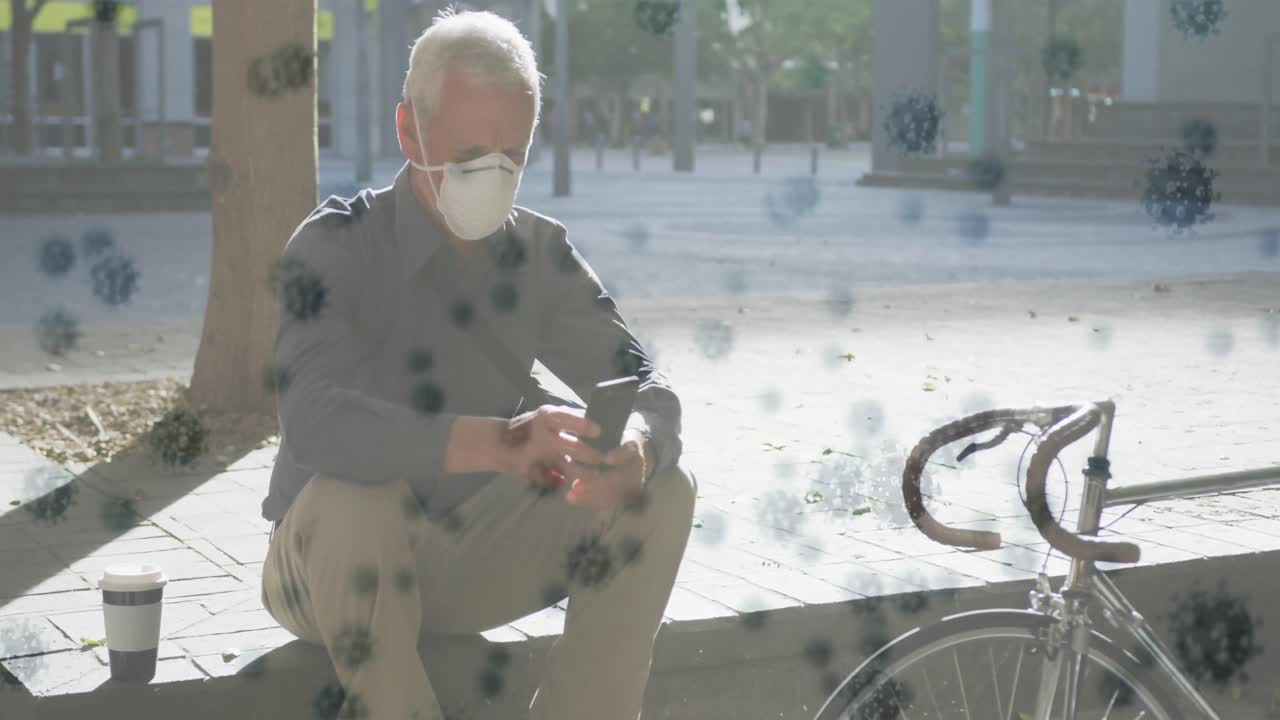 코로나19 세포의 애니메이션 시니어 남자가 마스크를 쓰고 있습니다.