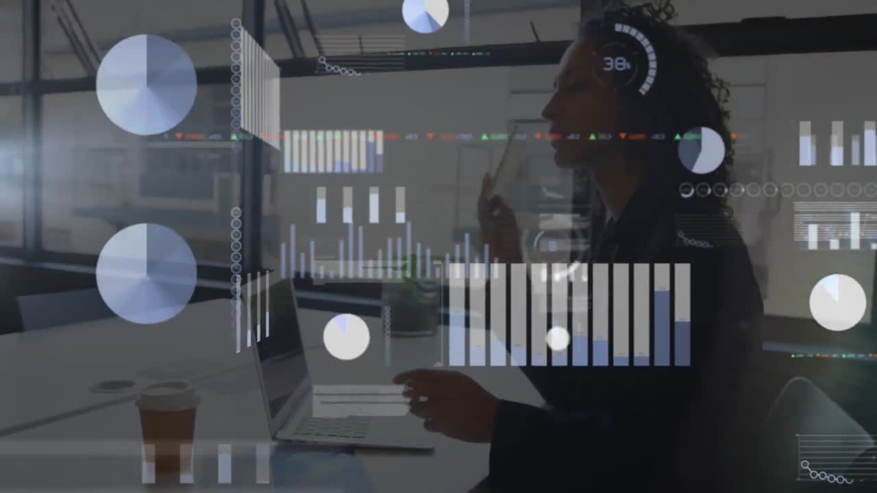 Animation of financial data processing over african american businesswoman in office